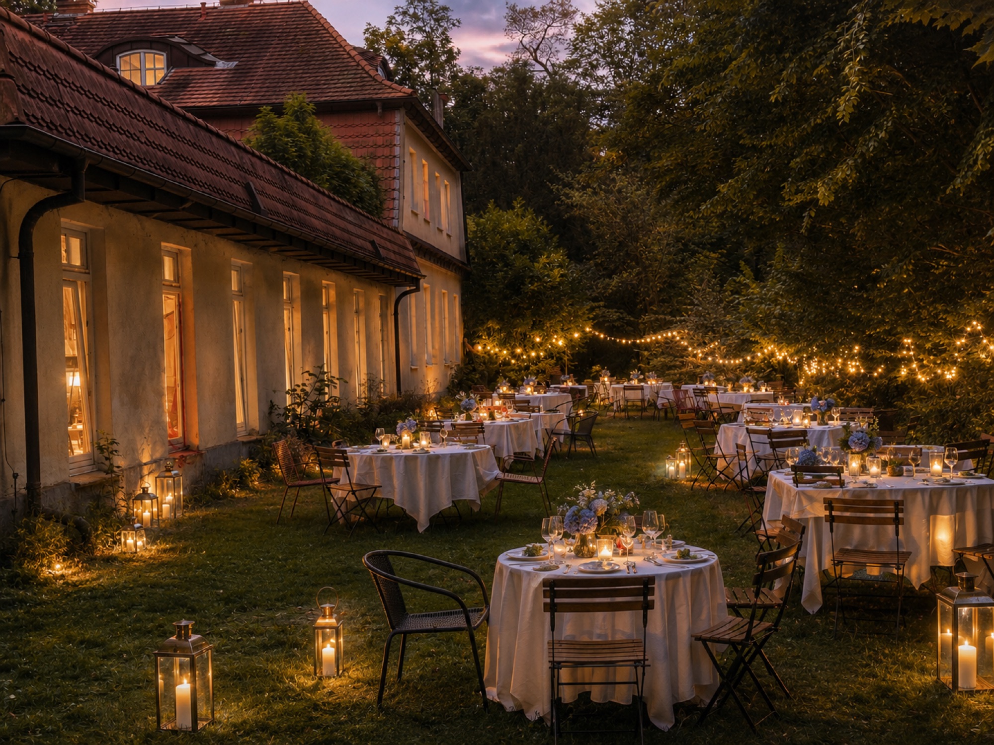 Gartentafel im Abendlicht